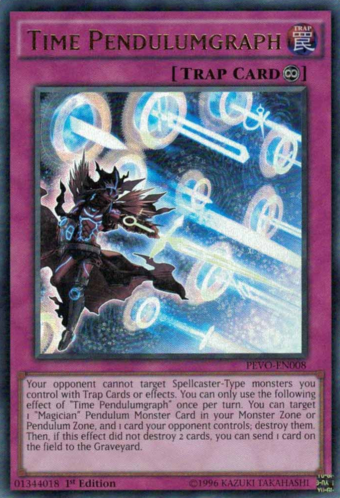 An Ultra Rare "Time Pendulumgraph" card from the Yugioh Set: Pendulum Evolution (PEVO).