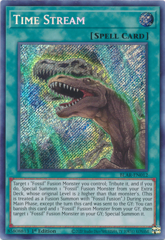 A Secret Rare "Time Stream" card from the Yugioh Set: Battles of Legend: Armageddon.