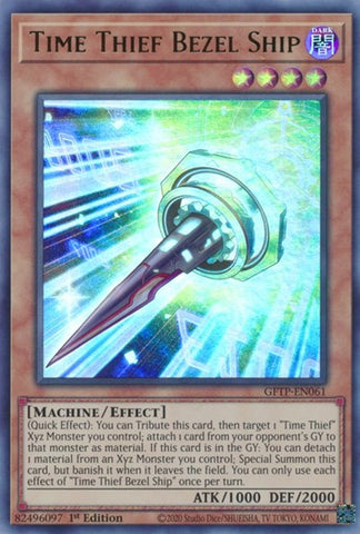An Ultra Rare "Time Thief Bezel Ship" card from the Yugioh Set: Ghosts From the Past (GFTP).