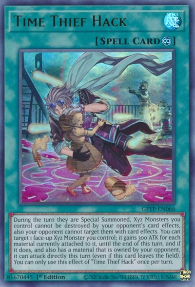 An Ultra Rare "Time Thief Hack" card from the Yugioh Set: Ghosts From the Past (GFTP).