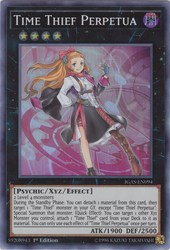 A Super Rare "Time Thief Perpetua" card from the Yugioh Set: Ignition Assault (IGAS).