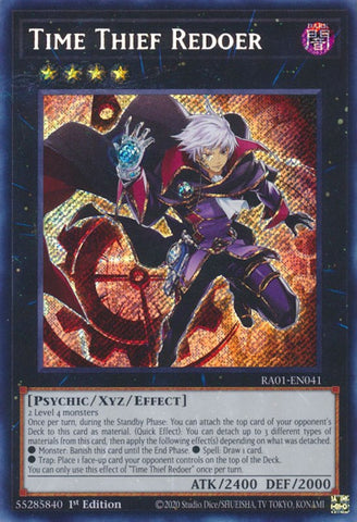 A Secret Rare "Time Thief Redoer" card from the Yugioh Set: Rarity Collection 1 