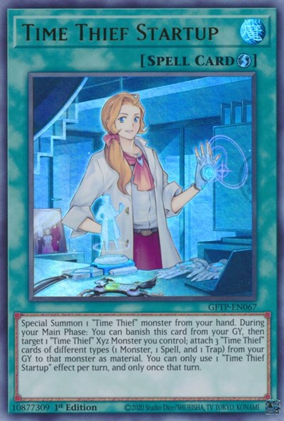 An Ultra Rare "Time Thief Startup" card from the Yugioh Set: Ghosts From the Past (GFTP).