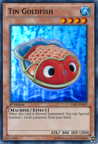 A Super Rare "Tin Goldfish" card from the Yugioh Set: Hidden Arsenal 7: Knight of Stars (HA07).