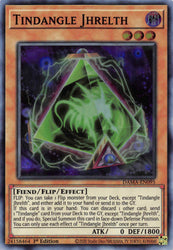 A Super Rare "Tindangle Jhrelth" card from the Yugioh Set: Dawn of Majesty (DAMA).