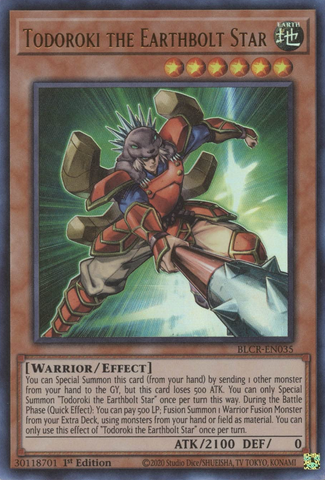 An Ultra Rare "Todoroki the Earthbolt Star" card from the Yugioh Set: Battles of Legend: Crystal Revenge (BLCR).