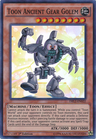 A Super Rare "Toon Ancient Gear Golem" card from the Yugioh Set: Dragons of Legend 2 (DRL2).