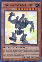 A Super Rare "Toon Ancient Gear Golem" card from the Yugioh Set: Dragons of Legend 2 (DRL2).