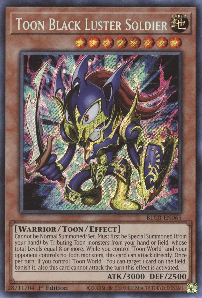 A Secret Rare "Toon Black Luster Soldier" card from the Yugioh Set: Battles of Legend: Crystal Revenge (BLCR).