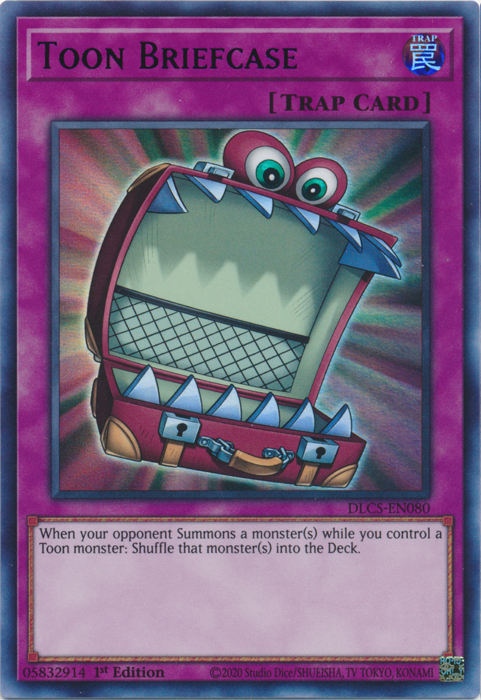 An Ultra Rare Purple "Toon Briefcase" card from the Yugioh Set: Dragons of Legend: The Complete Series (DLCS).