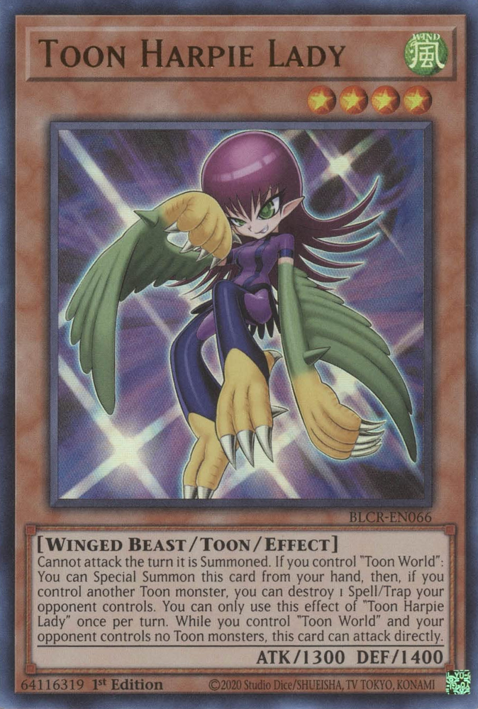 An Ultra Rare "Toon Harpie Lady" card from the Yugioh Set: Battles of Legend: Crystal Revenge.