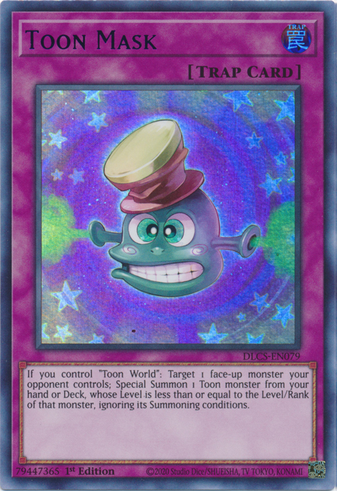 An Ultra Rare Blue "Toon Mask" card from the Yugioh Set: Dragons of Legend: The Complete Series (DLCS).