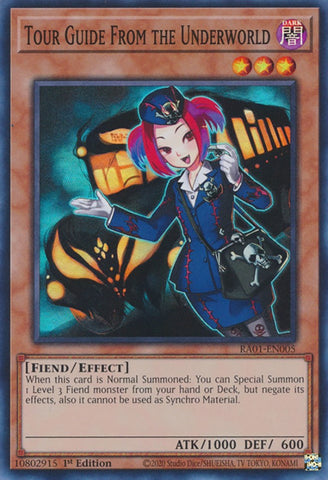 A Super Rare "Tour Guide From the Underworld" card from the Yugioh Set: Rarity Collection 1 (RA01).