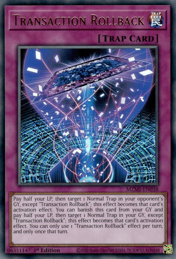 An Ultra Rare "Transaction Rollback" card from the Yugioh Set: Maze of Millennia (MZMI).