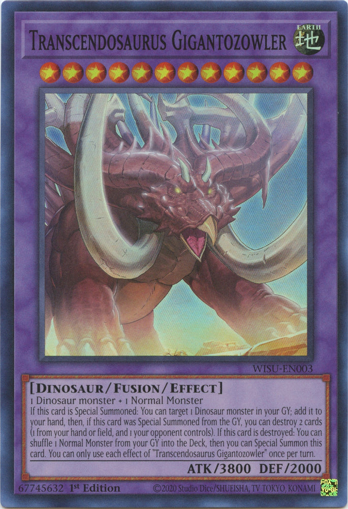 A Super Rare "Transcendosaurus Gigantozowler" card from the Yugioh Set: Wild Survivors.