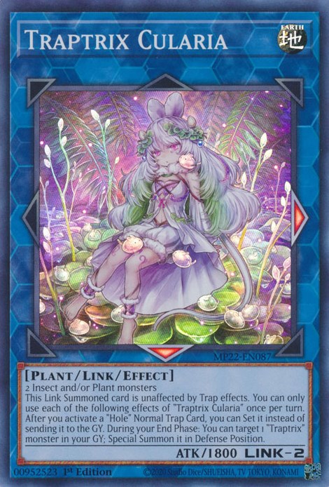 A Super Rare "Traptrix Cularia" card from the Yugioh 2022 Tin of the Pharaoh's Gods Set.