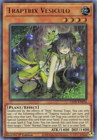 An Ultra Rare "Traptrix Vesiculo" card from the Yugioh Set: Lightning Overdrive.