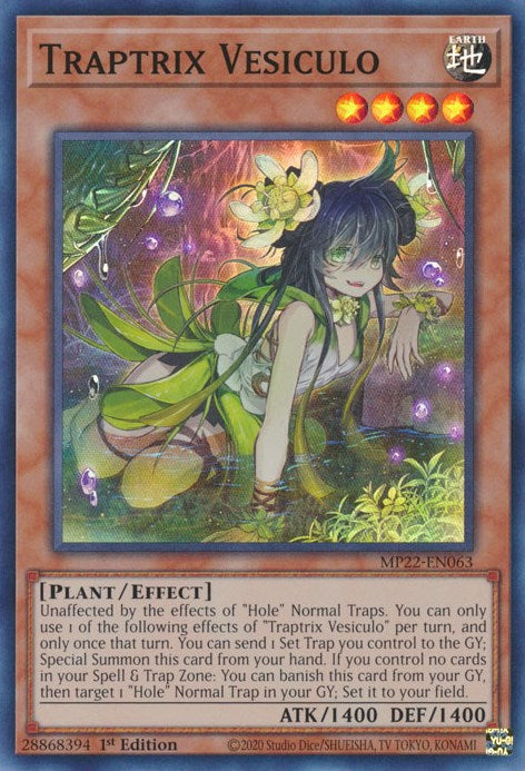 A Super Rare "Traptrix Vesiculo" card from the Yugioh 2022 Tin of the Pharaoh's Gods Set.