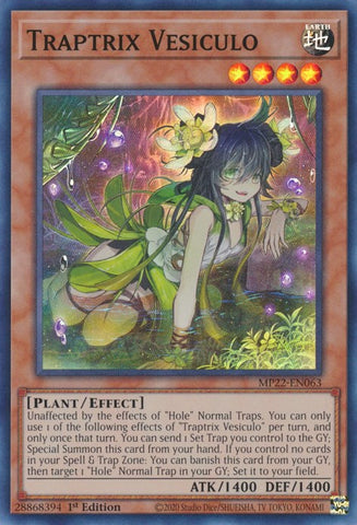 A Super Rare "Traptrix Vesiculo" card from the Yugioh 2022 Tin of the Pharaoh's Gods Set.