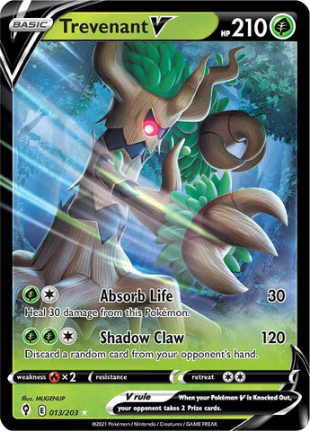An Ultra Rare "Trevenant V" (013/203) card from the Pokemon Set: Evolving Skies.