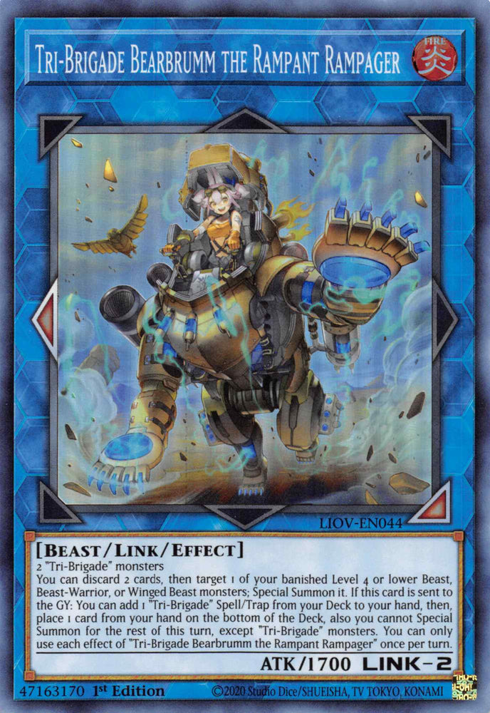 A Super Rare "Tri-Brigade Bearbrumm the Rampant Rampager" card from the Yugioh Set: Lightning Overdrive (LIOV).