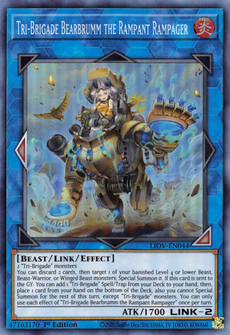 A Super Rare "Tri-Brigade Bearbrumm the Rampant Rampager" card from the Yugioh Set: Lightning Overdrive (LIOV).