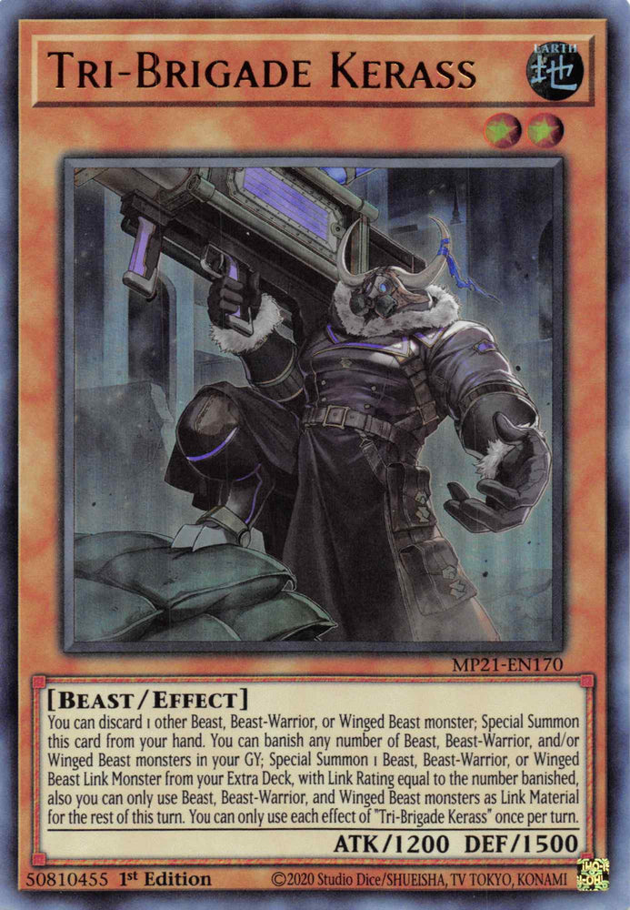  An Ultra Rare "Tri-Brigade Kerass" card from the Yugioh 2021 Tin of Lost Memories.