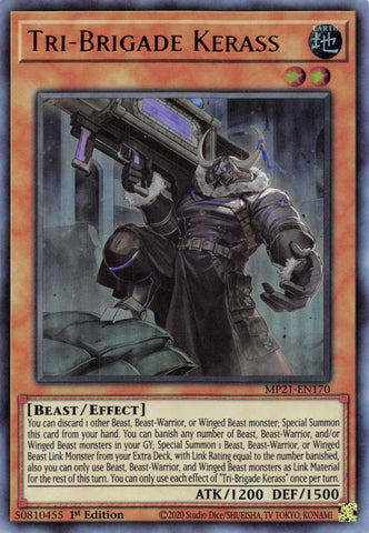  An Ultra Rare "Tri-Brigade Kerass" card from the Yugioh 2021 Tin of Lost Memories.