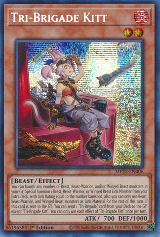 A Prismatic Secret Rare "Tri-Brigade Kitt" card from the Yugioh 2022 Tin of the Pharaoh's Gods set.