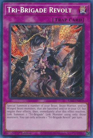 A Secret Rare "Tri-Brigade Revolt" card from the Yugioh Set: Rarity Collection 1 (RA01).