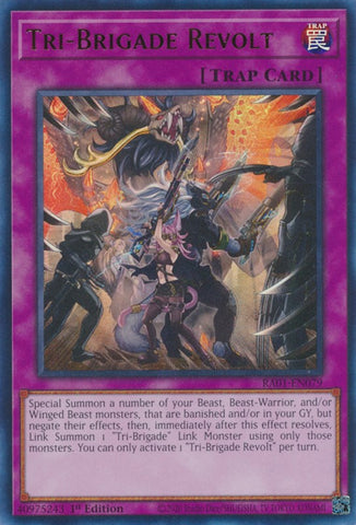 An Ultra Rare "Tri-Brigade Revolt" card from the Yugioh Set: Rarity Collection 1 (RA01).