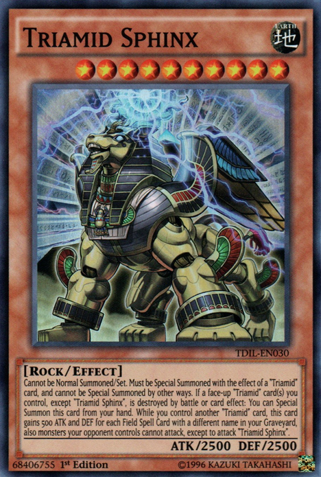 A Super Rare "Triamid Sphinx" card from the Yugioh Set: The Dark Illusion (TDIL).