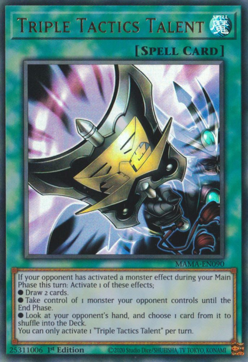 An Ultra Rare "Triple Tactics Talent" card from the Yugioh Set: Magnificent Mavens (MAMA).