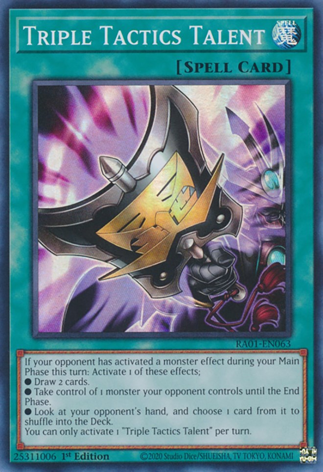A Super Rare "Triple Tactics Talent" card from the Yugioh Set: Rarity Collection 1 (RA01).