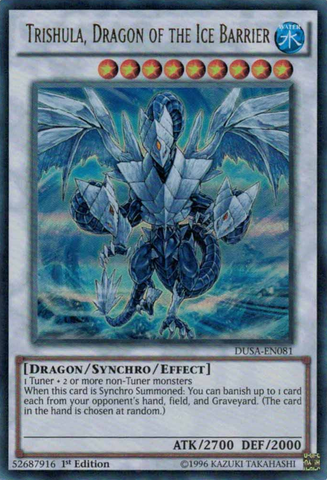 An Ultra Rare "Trishula, Dragon of the Ice Barrier" card from the Yugioh Set: Duelist Saga.