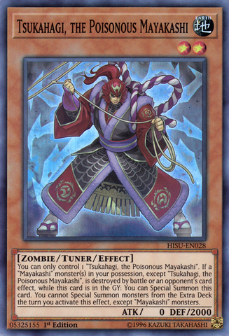 A Super Rare "Tsukahagi, the Poisonous Mayakashi" card from the Yugioh Set: Hidden Summoners (HISU).
