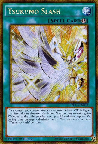 A Gold Secret Rare "Tsukumo Slash" card from the Yugioh Set: Premium Gold: Infinite Gold (PGL3).