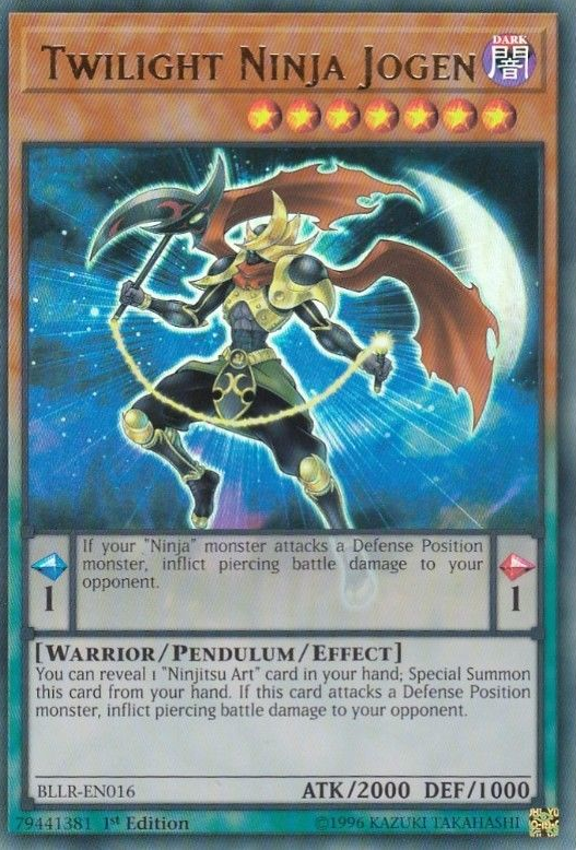 An Ultra Rare "Twilight Ninja Jogen" card from the Yugioh Set: Battles of Legend: Light's Revenge (BLLR).