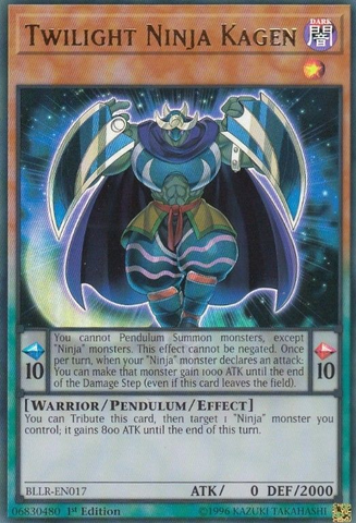 An Ultra Rare "Twilight Ninja Kagen" card from the Yugioh Set: Battles of Legend: Light's Revenge (BLLR).