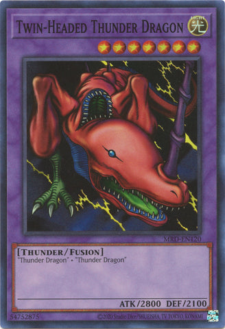 A Super Rare 25th Anniversary "Twin-Headed Thunder Dragon" card from the Yugioh Set: Metal Raiders (MRD).