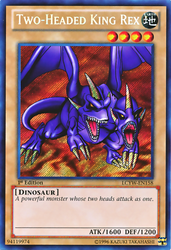 A Secret Rare "Two-Headed King Rex" card from the Yugioh Set: Legendary Collection 3: Yugi's World.