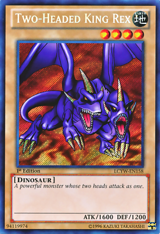 A Secret Rare "Two-Headed King Rex" card from the Yugioh Set: Legendary Collection 3: Yugi's World.