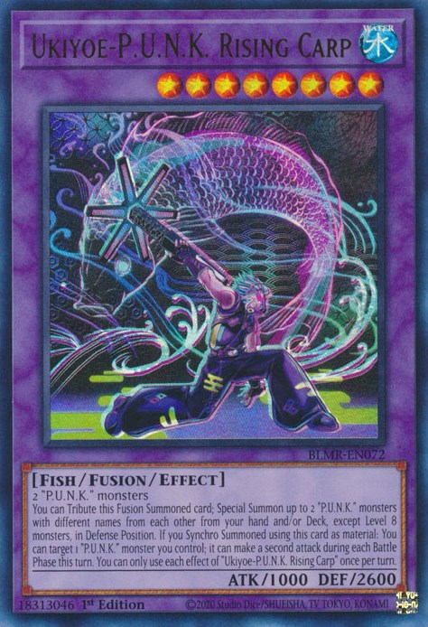 An Ultra Rare "Ukiyoe-P.U.N.K. Rising Carp" card from the Yugioh Set: Battles of Legend: Monstrous Revenge.