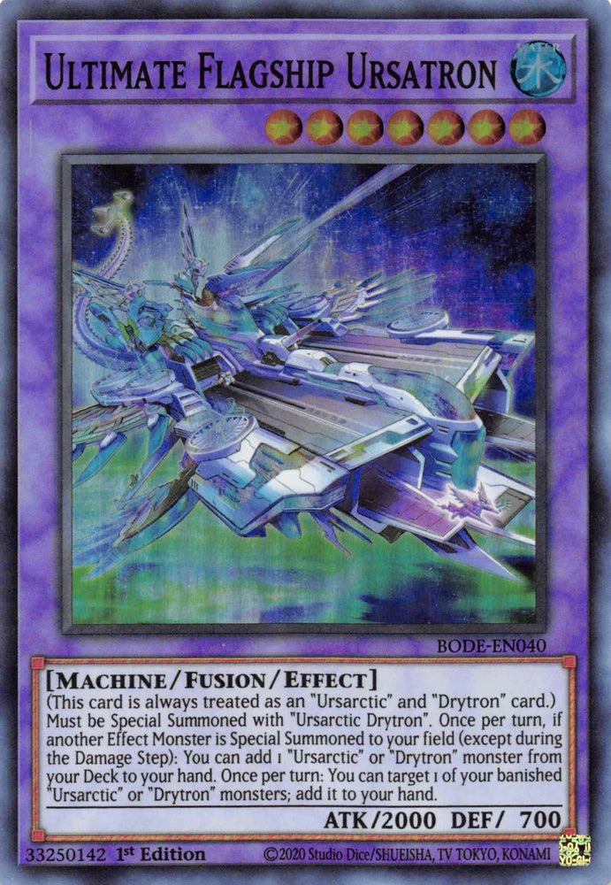  A Super Rare "Ultimate Flagship Ursatron" card from the Yugioh Set: Burst of Destiny.