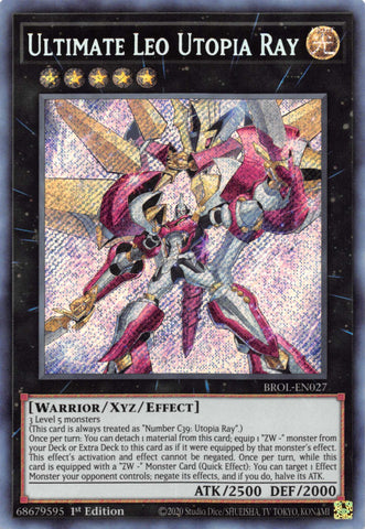 A Secret Rare "Ultimate Leo Utopia Ray" card from the Yugioh Set: Brothers of Legend.