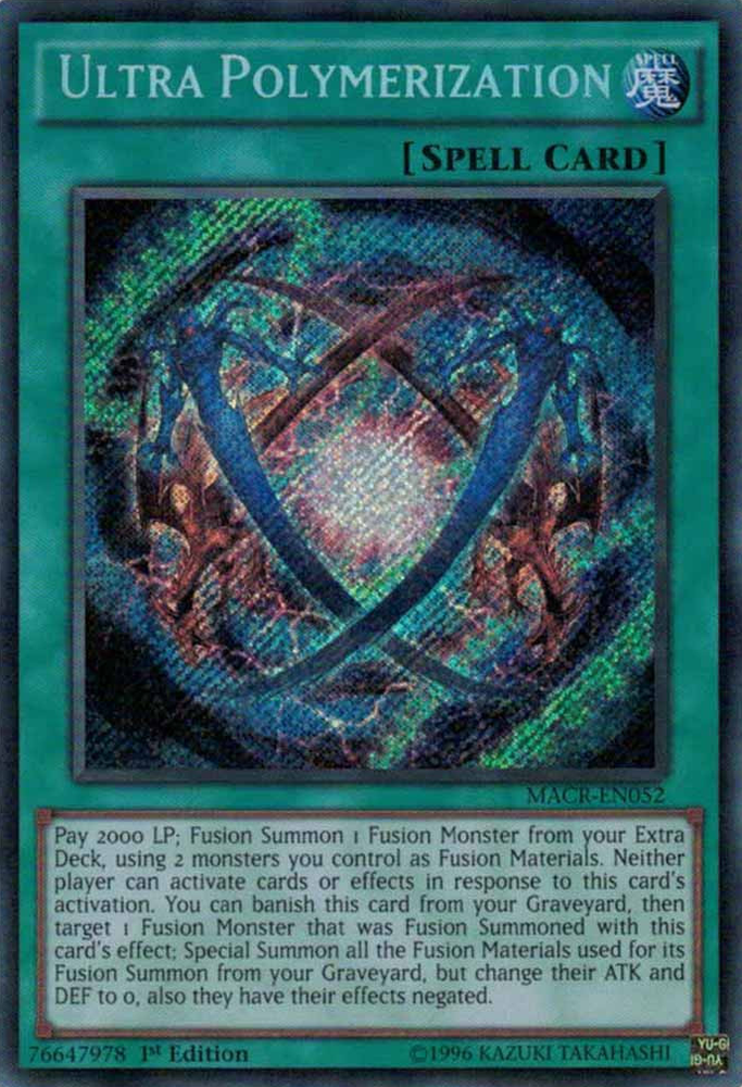 A Secret Rare "Ultra Polymerization" card from the Yugioh Set: Maximum Crisis.