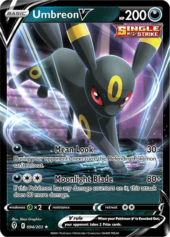 An Ultra Rare "Umbreon V" (094/203) card from the Pokemon Set: Evolving Skies.