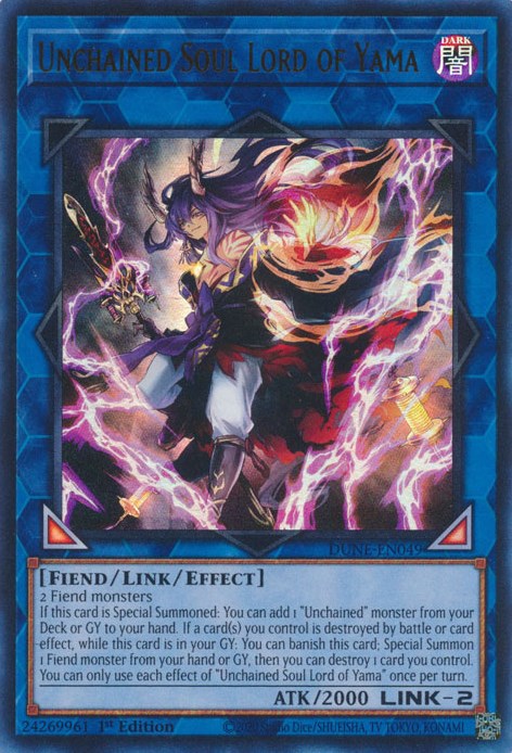 An Ultra Rare "Unchained Soul Lord of Yama" card from the Yugioh Set: Duelist Nexus (DUNE).