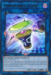 An Ultra Rare "Underclock Taker" card from the Yugioh Set: Duel Devastator.