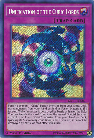 A Secret Rare "Unification of the Cubic Lords" card from the Yugioh Set: The Dark Side of Dimensions Movie Pack: Secret Edition.